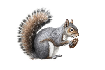 Naklejka na ściany i meble an isolated Grey Squirrel holding a pinecone, preservation, backyard wildlife, Wildlife-themed, photorealistic illustration on a transparent background cutout in PNG. Generative AI