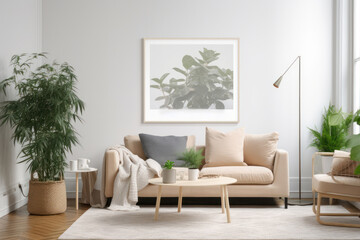 Minimalist Living Room with Blank Horizontal Poster Frame and Green Plants