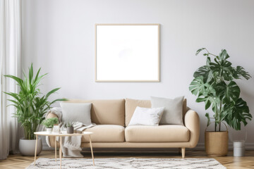 Minimalist Living Room with Blank Horizontal Poster Frame and Green Plants