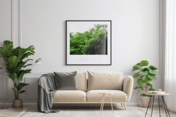 Minimalist Living Room with Blank Horizontal Poster Frame and Green Plants