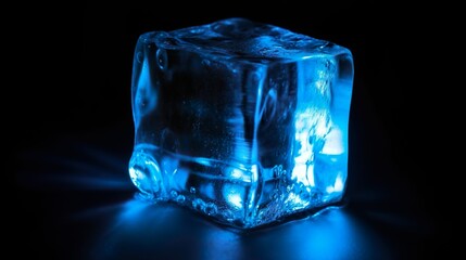 Schmilzender, durchsichtiger, leicht flüssiger, blau leuchtender Eiswürfel vor einem schwarzen Hintergrund