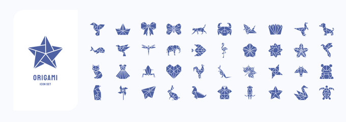 A collection sheet of solid icons for Origami, including icons like Bird, Boat, Butterfly, Cat and more