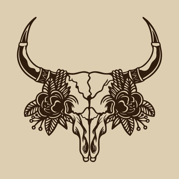 Boho Cow Skull Roses Types South Western Silhouette Bull Buffalo Horns Skeleton Head