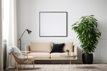 Modern Scandinavian Living Room with Blank Horizontal Poster Frame and Greenery