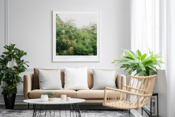 Modern Scandinavian Living Room with Blank Horizontal Poster Frame and Greenery