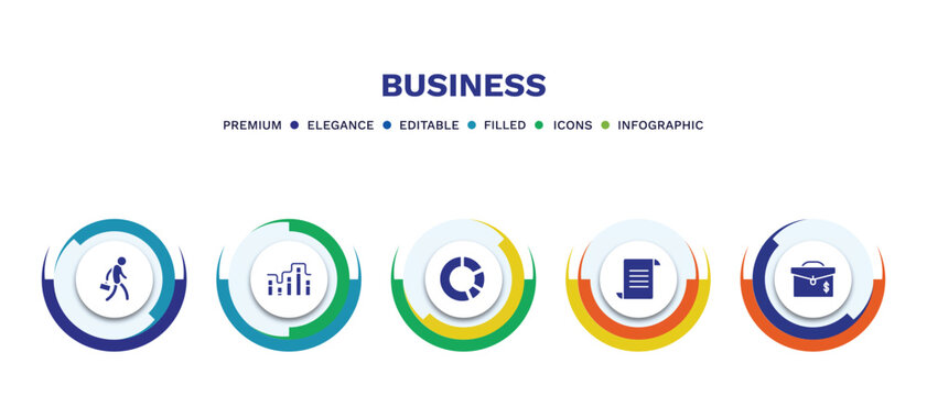 set of business filled icons. business filled icons with infographic template. flat icons such as employee going to work, graphic progression, pie chart statistics, paper graphic, briefcase vector.