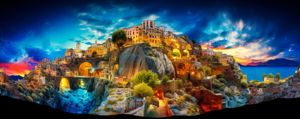 Artistic collage of Greek landscapes, showing monuments and culture. Bright and vivid colors invite the viewer to visit these places. Generative AI