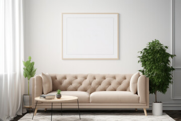 Scandinavian Living Room with Blank Horizontal Poster Frame and Natural Elements
