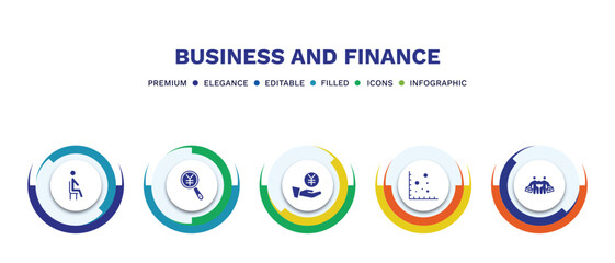 set of business and finance filled icons. business and finance filled icons with infographic template. flat icons such as sitting, yen business search, yen coin on hands, scatter chart, work