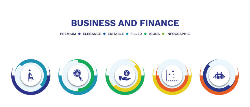 set of business and finance filled icons. business and finance filled icons with infographic template. flat icons such as sitting, yen business search, yen coin on hands, scatter chart, work