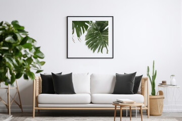 Minimalist Living Room with Blank Horizontal Poster Frame and Indoor Plants