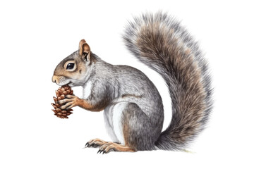  an isolated Grey Squirrel holding a pinecone, preservation, backyard wildlife, Wildlife-themed, photorealistic illustration on a transparent background cutout in PNG. Generative AI