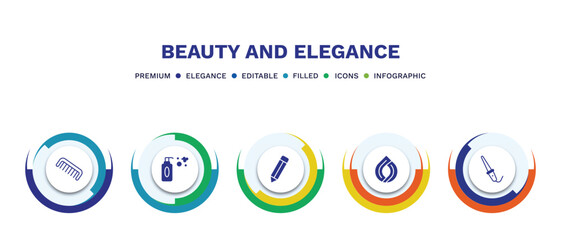 set of beauty and elegance filled icons. beauty and elegance filled icons with infographic template. flat icons such as comb, shampoo bottle, pencils, hair sample, curlers vector.