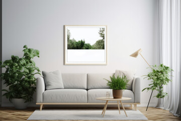 Minimalist Living Room with Blank Horizontal Poster Frame and Indoor Plants