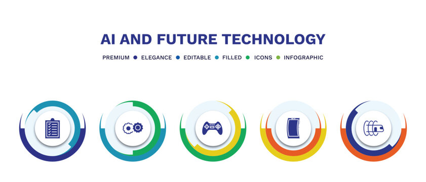 set of ai and future technology filled icons. ai and future technology filled icons with infographic template. flat icons such as check list, hine, gaming, mobile flexible display, hyperloop vector.