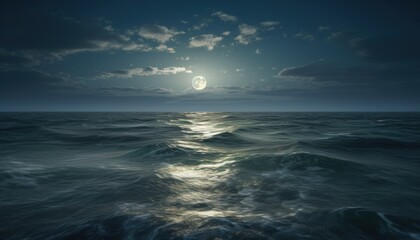 The moon is low over the night ocean