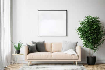 Minimalist Living Room with Blank Horizontal Poster Frame and Indoor Plants