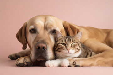 Portrait of a cute cat and dog hugging each other on pink isolated background.Front view.Created with generative ai