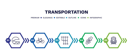 set of transportation thin line icons. transportation outline icons with infographic template. linear icons such as motorsport, bicycle side view, shift, seatbelt, diesel train vector.