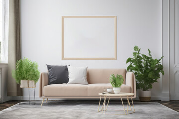 Minimalist Living Room with Blank Horizontal Poster Frame and Organic Elements