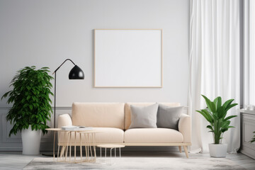 Minimalist Living Room with Blank Horizontal Poster Frame and Organic Elements