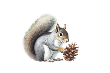 Obraz premium an isolated Grey Squirrel holding a pinecone, preservation, backyard wildlife, Wildlife-themed, photorealistic illustration on a transparent background cutout in PNG. Generative AI