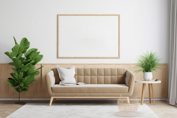 Minimalist Living Room with Blank Horizontal Poster Frame and Organic Elements