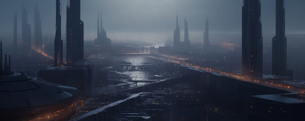 Futuristic city of the future, gloomy tones, fog, flying cars, strict geometry, burning lights in high-rise buildings