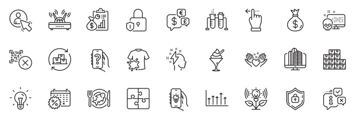 Fototapeta na wymiar Icons pack as Puzzle, Qr code and Touchscreen gesture line icons for app include Lock, Money bag, Money currency outline thin icon web set. Electric app, Dirty t-shirt, Cyber attack pictogram. Vector