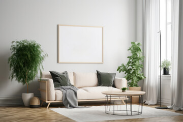 Cozy Scandinavian Living Room with Blank Horizontal Poster Frame and Botanical Accents