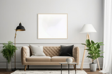 Cozy Scandinavian Living Room with Blank Horizontal Poster Frame and Botanical Accents