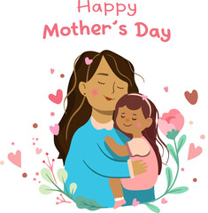 Illustration of mother with her little child, flower in the background. Concept of mothers day, mothers love, relationships between mother and child.