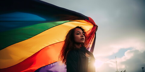 powerful and confident person standing in front of a rainbow-colored flag, with the wind blowing their hair and the flag. Generative AI