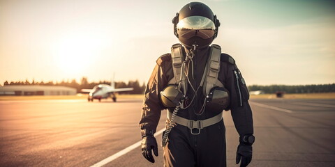 pilot walking along the runway lighting in the background of a multi-fighter Generative AI