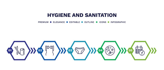 set of hygiene and sanitation thin line icons. hygiene and sanitation outline icons with infographic template. linear icons such as toothpick, ear buds, underwear, microbes, appointment book vector. - obrazy, fototapety, plakaty