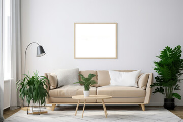 Minimalist Living Room with Blank Horizontal Poster Frame and Natural Light