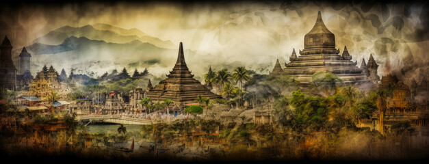 Naklejka premium Complete panorama of Indonesian architecture in Asia consisting of monuments, landscapes and bright colors. Ideal for the invitation to travel and discover this country. Generative AI