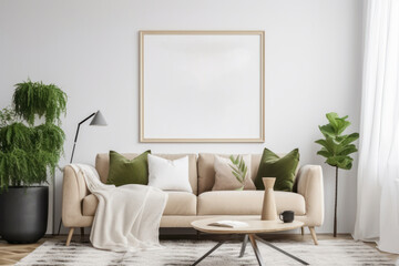 Minimalist Living Room with Blank Horizontal Poster Frame and Natural Light