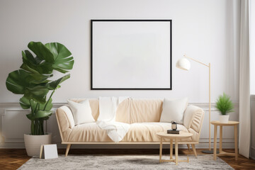 Scandinavian Living Room with Blank Horizontal Poster Frame and Minimalist Decor