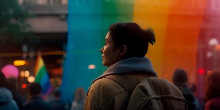 person standing up for their rights and advocating for the LGBTQ community in a public setting. Generative AI