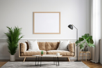 Modern Living Room with Blank Horizontal Poster Frame and Natural Elements