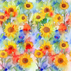 Fototapeta na wymiar Seamless Watercolor Sunflower Pattern, Repeating Floral Background, Generative AI