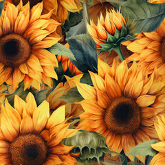 Seamless Watercolor Sunflower Pattern, Repeating Floral Background, Generative AI