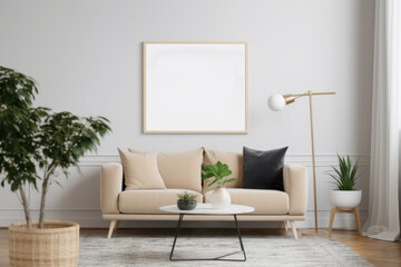 Scandinavian Living Room with Blank Horizontal Poster Frame and Earthy Tones
