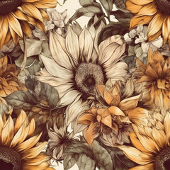 Obraz na płótnie Canvas Seamless Watercolor Sunflower Pattern, Repeating Floral Background, Generative AI