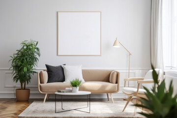 Scandinavian Living Room with Blank Horizontal Poster Frame and Earthy Tones