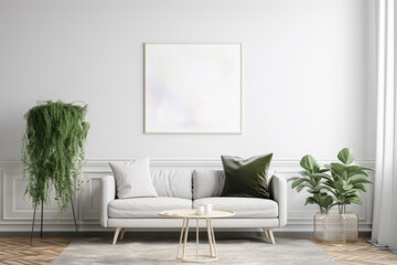 Scandinavian Living Room with Blank Horizontal Poster Frame and Earthy Tones