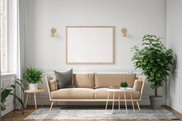 Bright Scandinavian Living Room with Blank Horizontal Poster Frame and Natural Decor