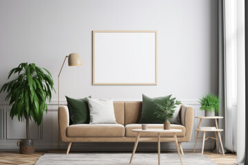Bright Scandinavian Living Room with Blank Horizontal Poster Frame and Natural Decor