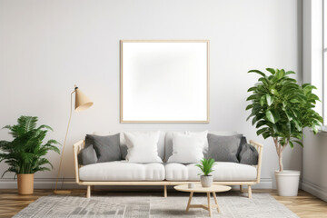 Bright Scandinavian Living Room with Blank Horizontal Poster Frame and Natural Decor